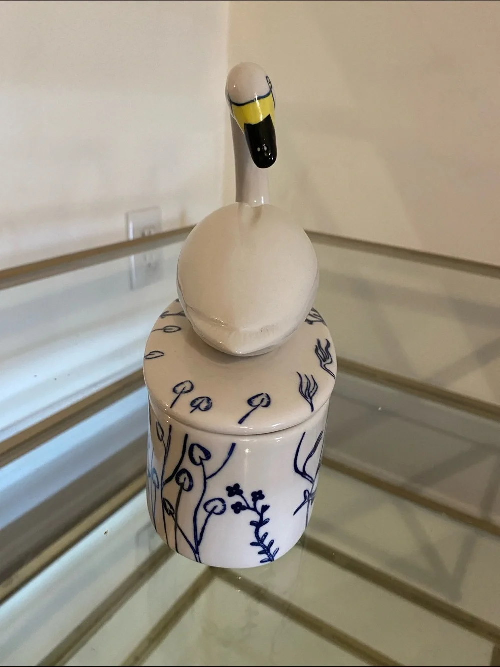 Anthropologie White Swan Ceramic Trinket Box with Blue Motif